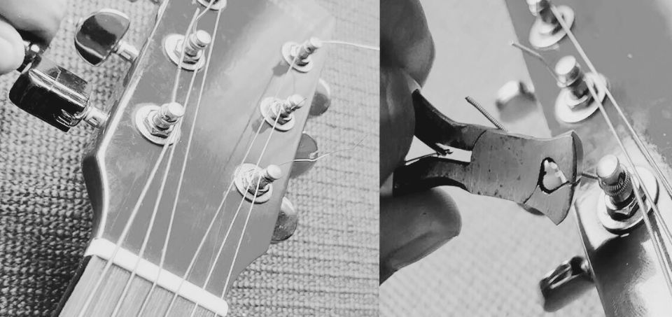 Wind the tuners and use wire cutters to cut the excess strings.